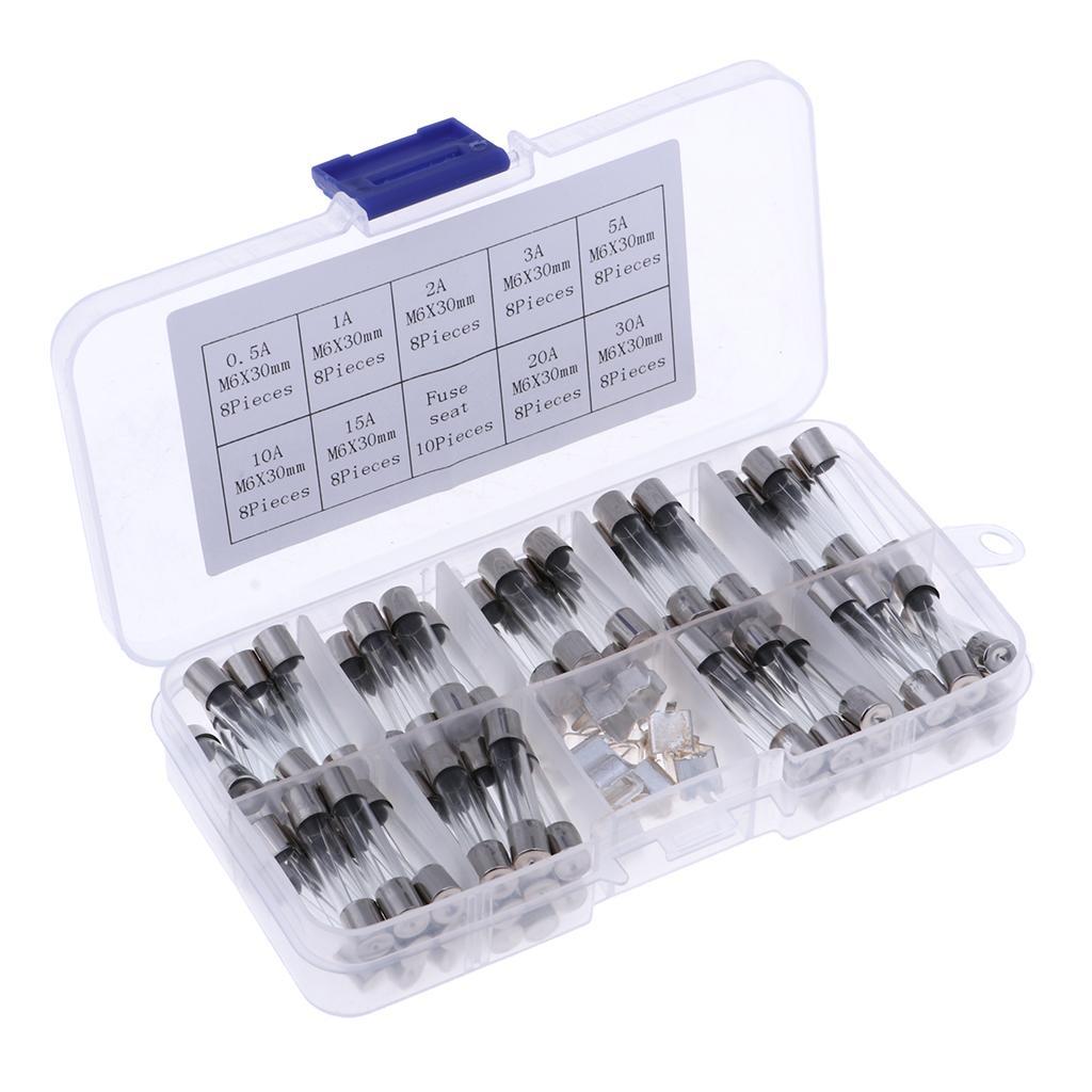 72 Pcs Electronics Quick Blow Glass Tube Fuse Assortment Kit 6*30mm 0.5A~30A