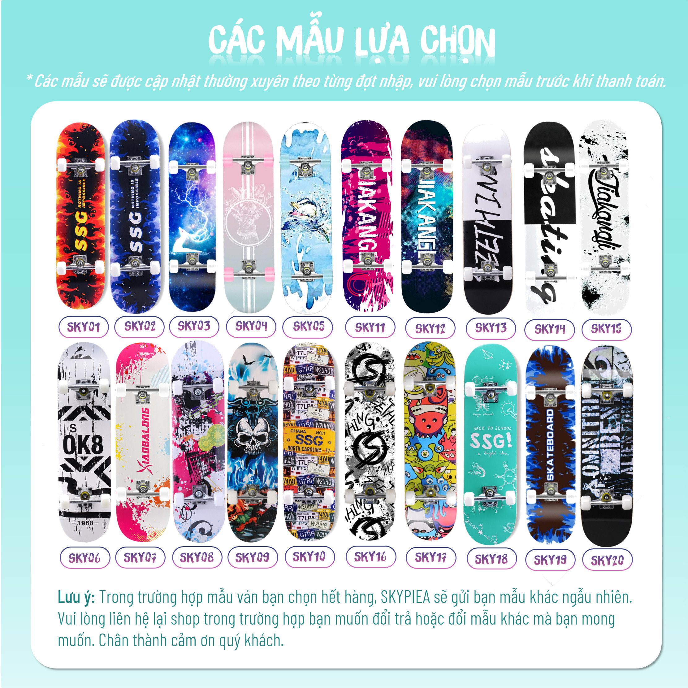 Ván Trượt Skate Board 80 cm - Tặng Tools Tháo lắp - Có Nhám Chống Trượt, Gỗ Phong 7 Lớp Chống Nước Cực Tốt - Trục Kim Loại Chịu Lực Tốt - nhiều mẫu