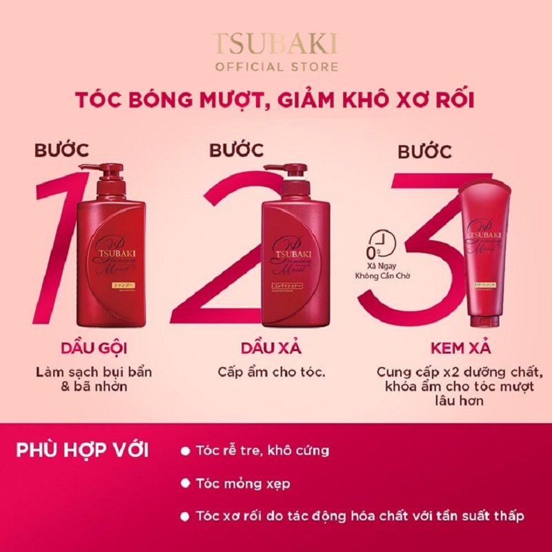 Bộ Ba Chăm Sóc Tóc Dưỡng Tóc Bóng Mượt TSUBAKI Gội Xả (490ml/chai) + Kem Xả 180g