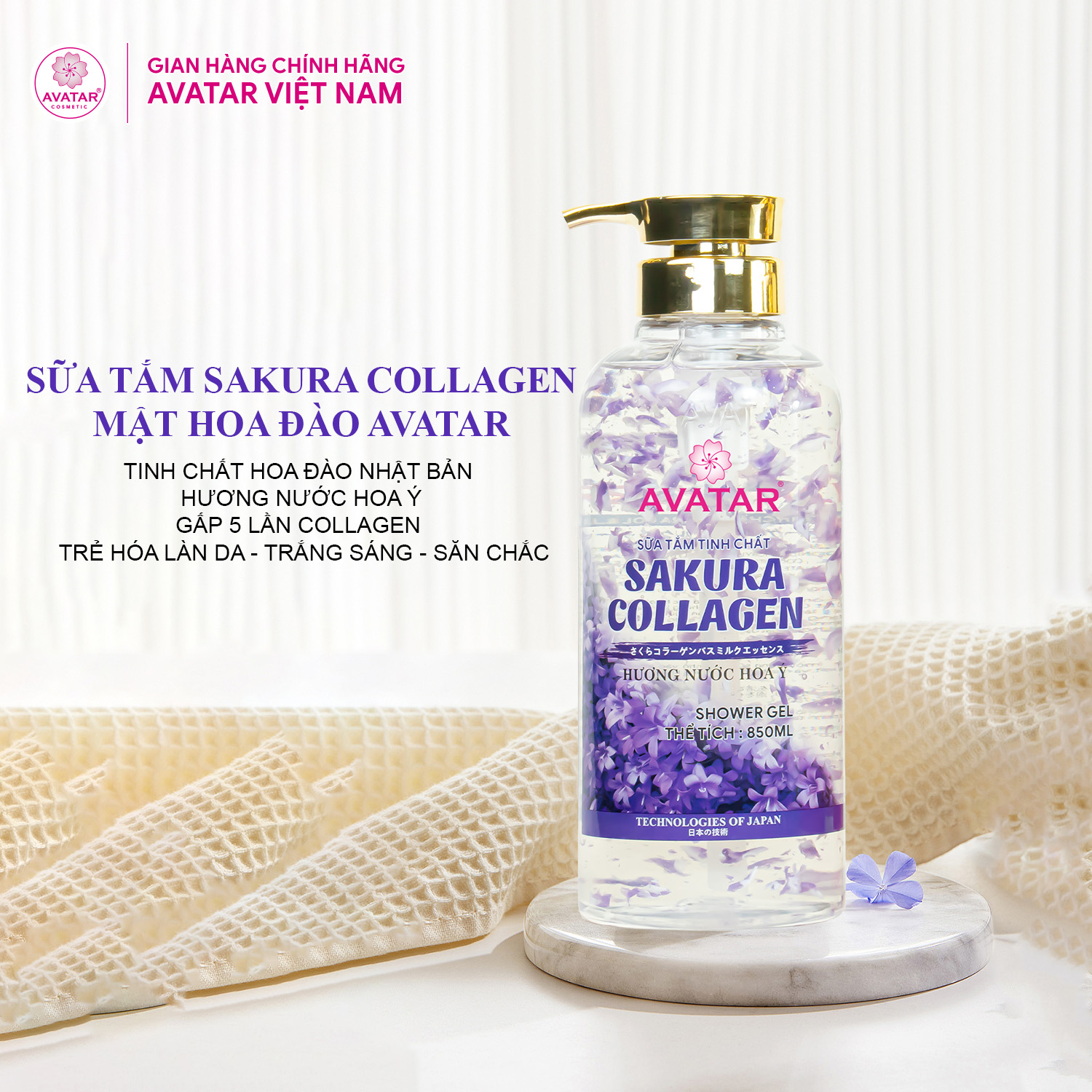 Sữa Tắm Sakura Avatar Tinh Chất Collagen Hương Nước Hoa Ý Phục Hồi Da , Chống Lão Hóa, Trắng Da 850ml (Hoa Tím)