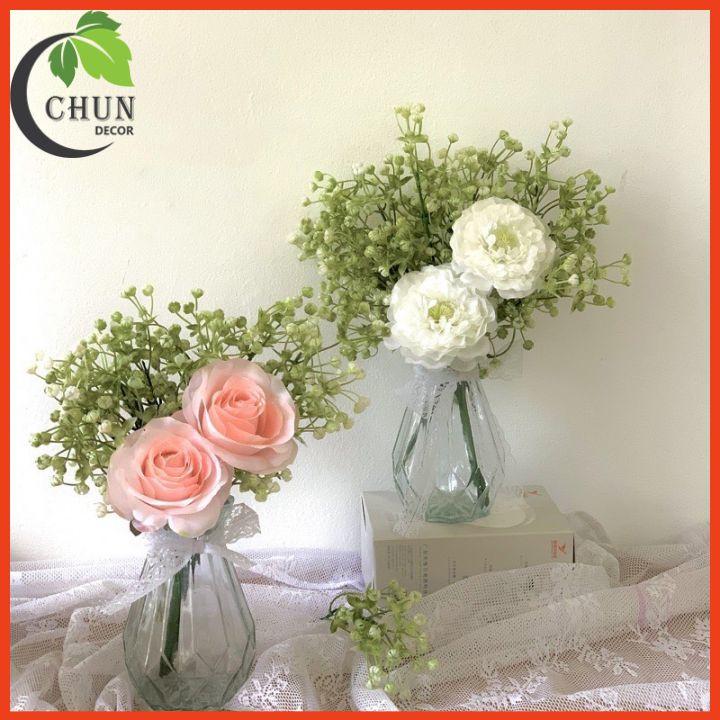 Bình Hoa Thủy Tinh, Bình Hoa Cắm Sẵn Hoa Hồng Cao 32Cm Trang Trí Bàn Trà Bàn Tiệc Bàn Trang Điểm Kệ Tủ