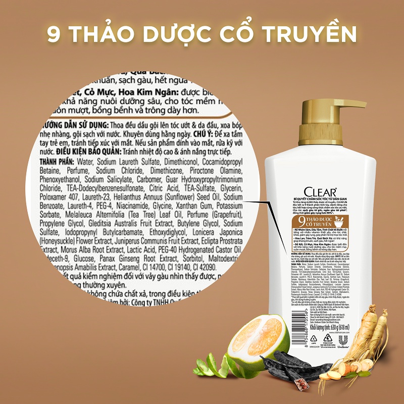 Dầu Gội CLEAR 9 Thảo Dược Cổ Truyền Sạch Gàu Giảm Gãy Rụng 630G