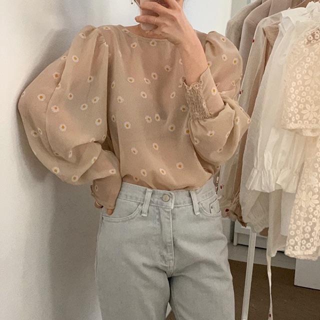 Áo sơ mi hoa vintage tay chun Ms2659