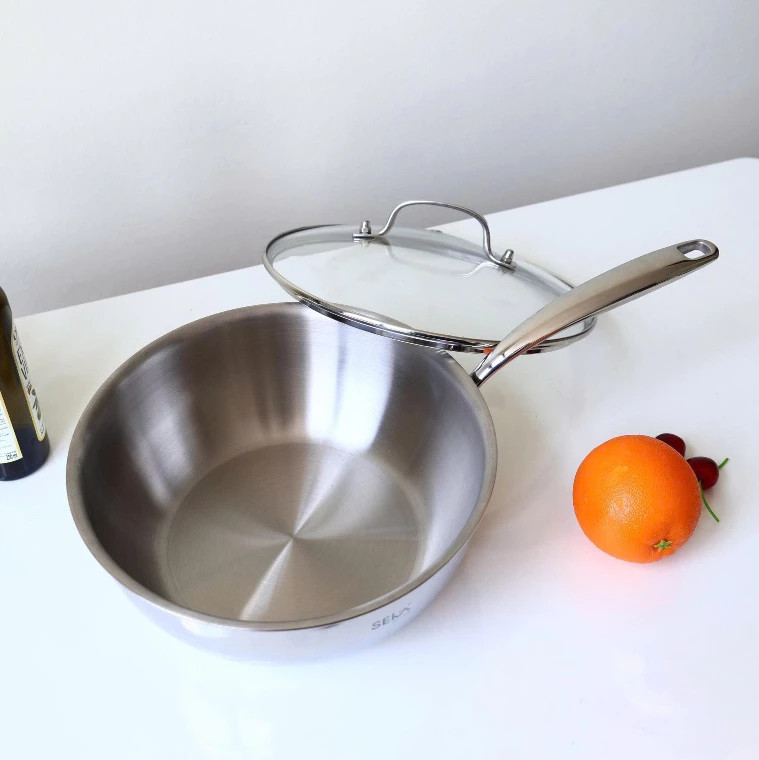 Chảo Inox Sâu Lòng Nanomax Seka 24cm SK-9024 28cm SK-9028 Kèm Vung Kính - 3 Lớp Toàn Diện - Dùng Mọi Loại Bếp - Hàng Chính Hãng