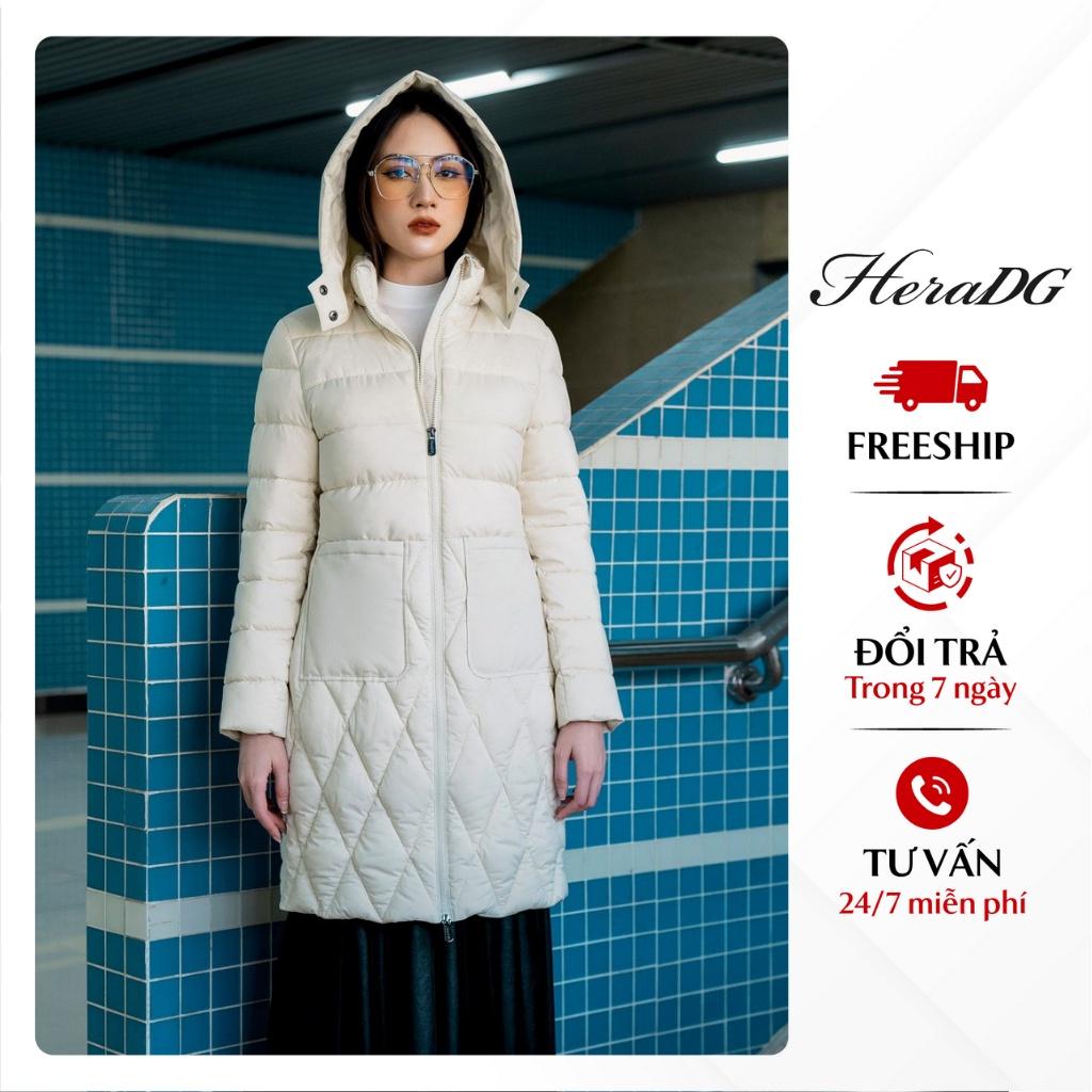 Áo Khoác Phao Nữ Dáng Dài HeraDG Túi Ốp Thân Chần Trám Kèm Mũ, Vải 3 Lớp Chống Gió Chống Nước Chống Bám Bụi WJKBA06