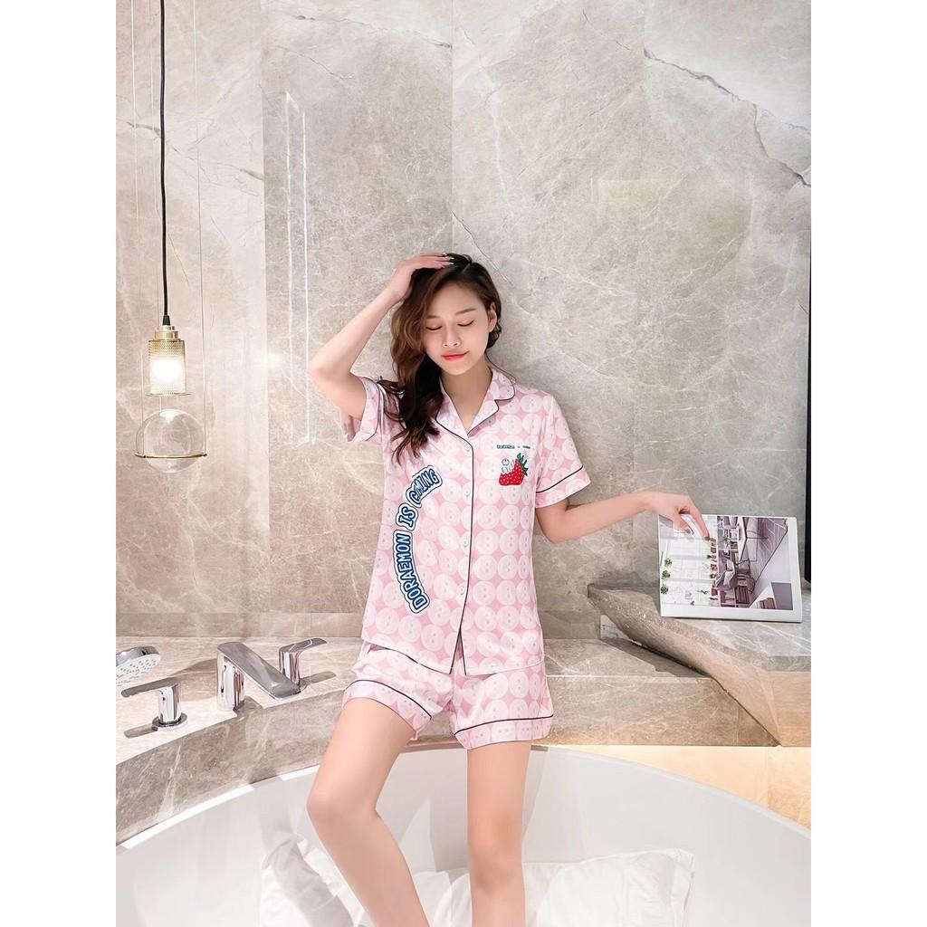 Bộ ngủ cộc lụa satin cao cấp in hình quả dâu