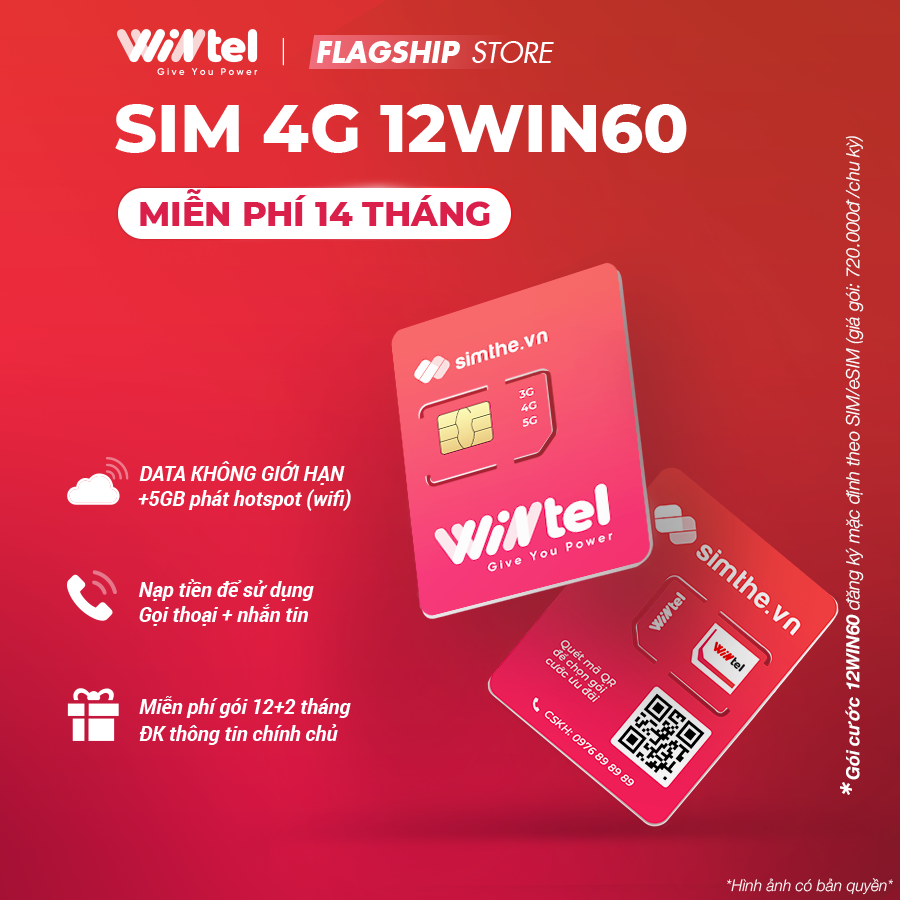 SIM WINTEL 12WIN60 - Max Data 4G TỐC ĐỘ CAO KHÔNG GIỚI HẠN. Miễn Phí 1 Năm Không Cần Nạp Tiền - Dùng Sóng Của VinaPhone. Được Bán Tại SimTheVN - Hàng Chính Hãng