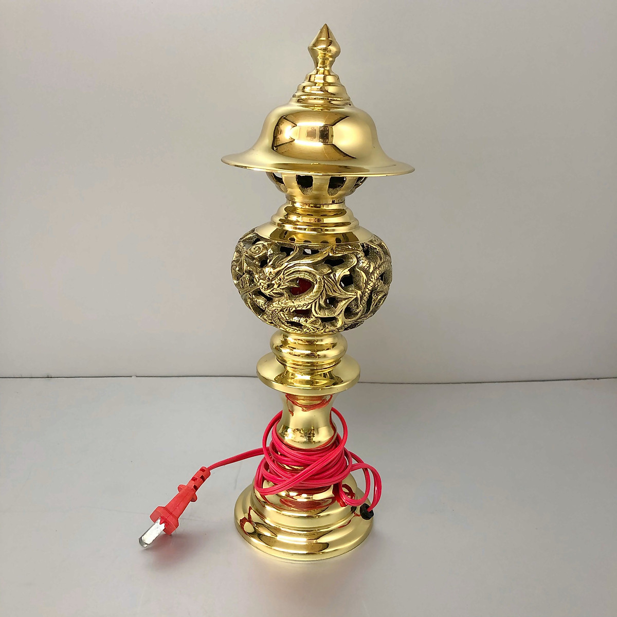 Đèn thờ điện đồng vàng, hoạ tiết rồng phượng