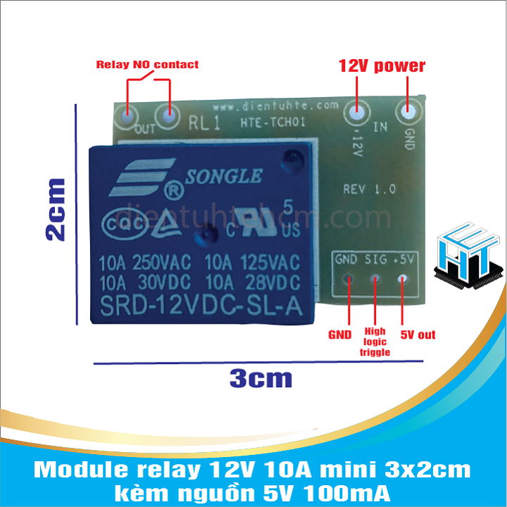 Module relay 12V 10A mini 3x2cm - kèm nguồn 5V 100mA