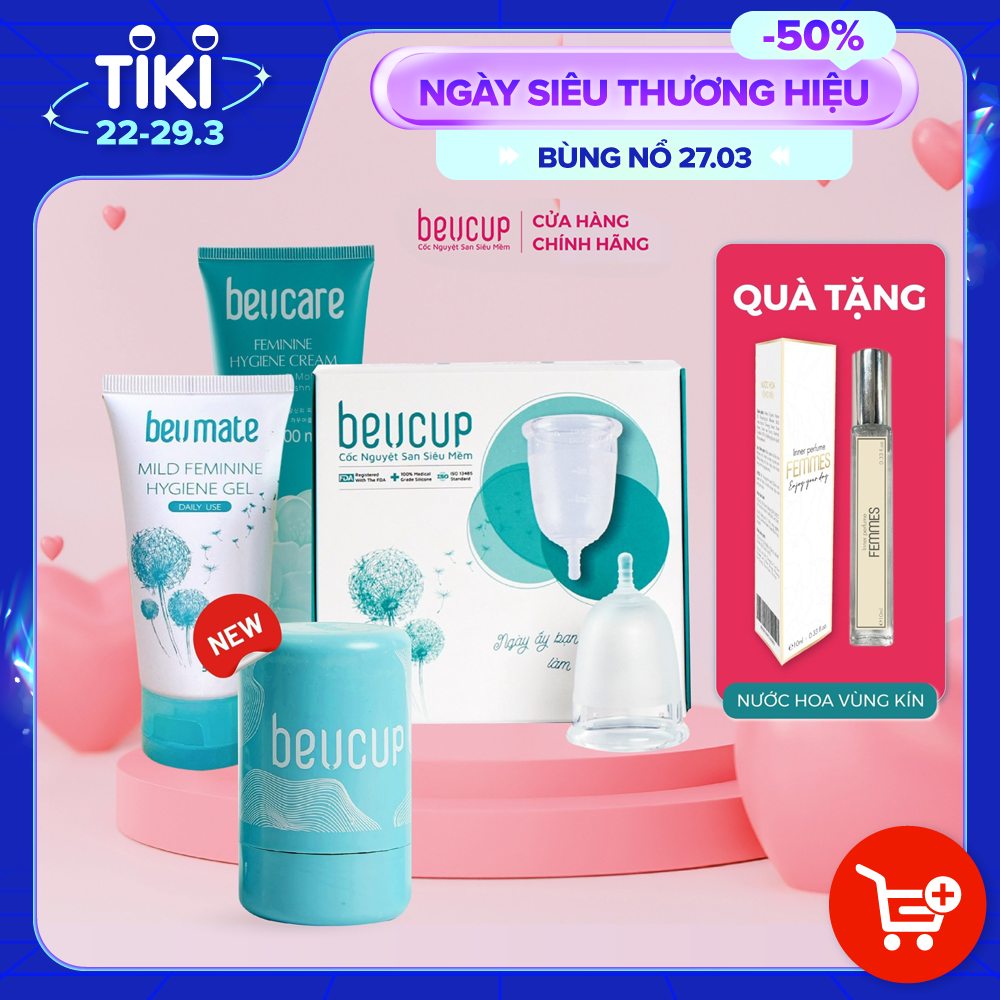 Combo 1 Cốc nguyệt san Silicone y tế Beu Cup+ 1 Dung dịch vệ sinh phụ nữ BeU Care 100ml + 1 Dung dịch vệ sinh cốc nguyệt san BeU Mate 50ml