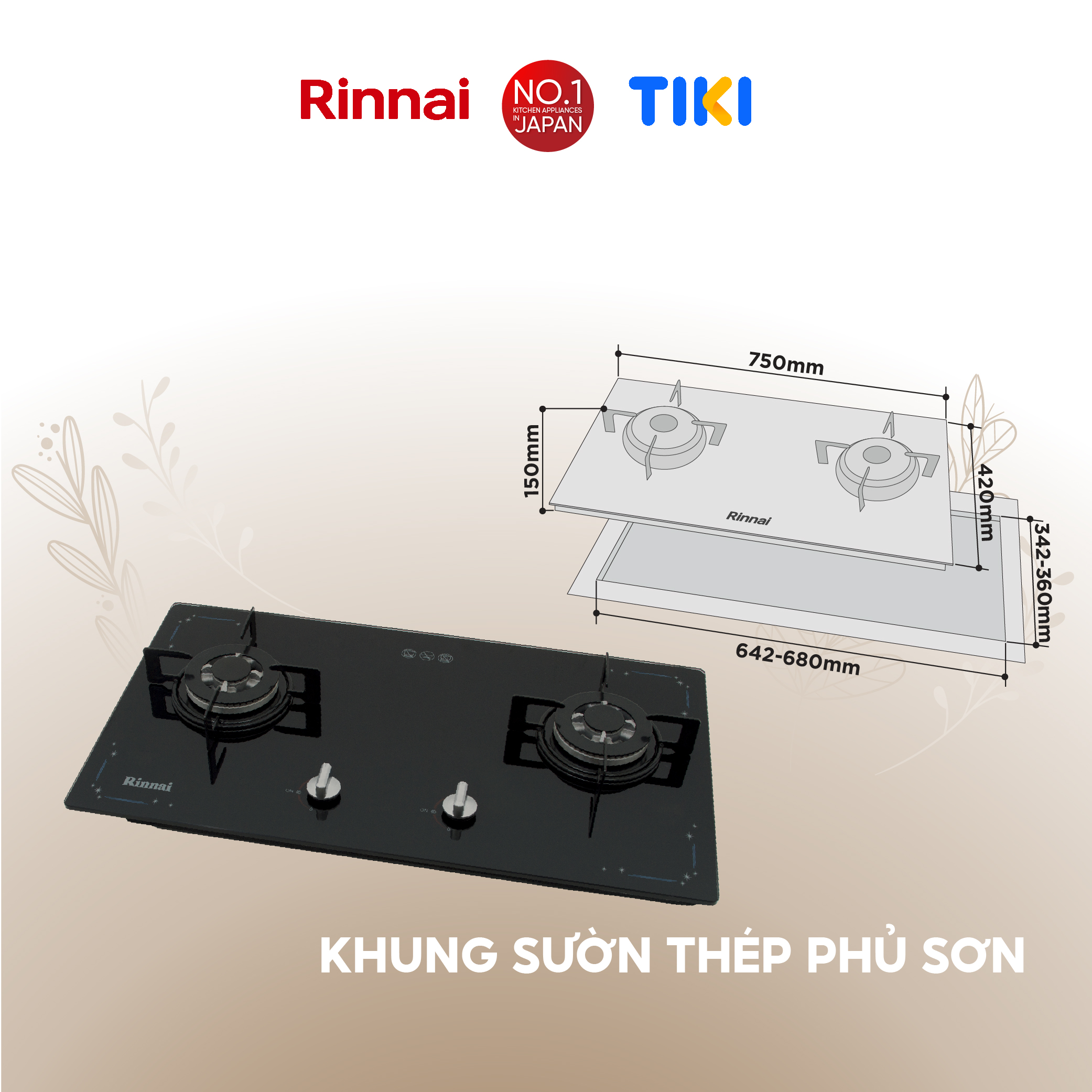 Bếp gas âm Rinnai RVB-212BG(SL) mặt bếp kính và kiềng bếp men - Hàng chính hãng.