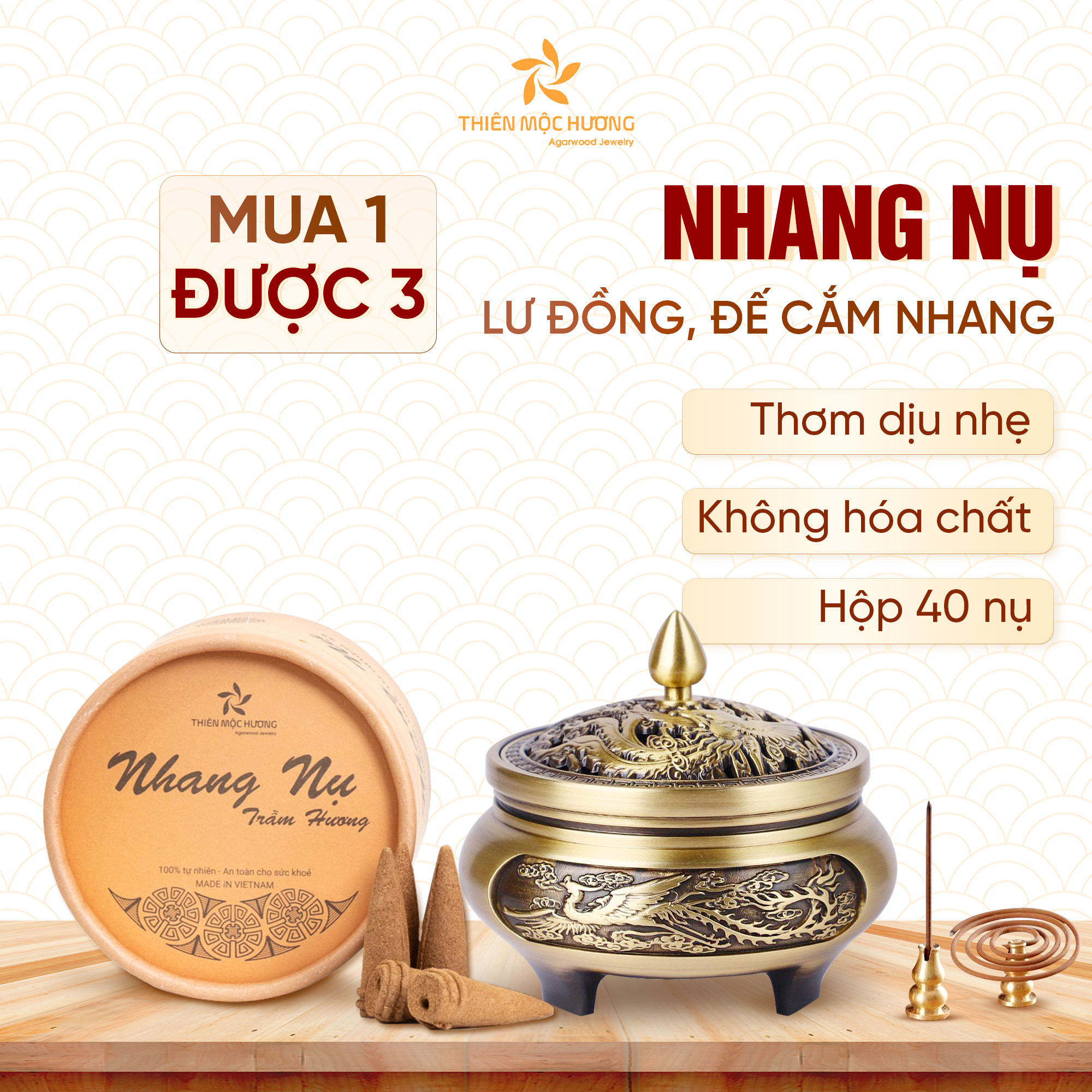 Combo nhang nụ trầm hương Thiên Mộc Hương loại 12 năm kèm lư đồng xông trầm thơm nhà, đón tài lộc