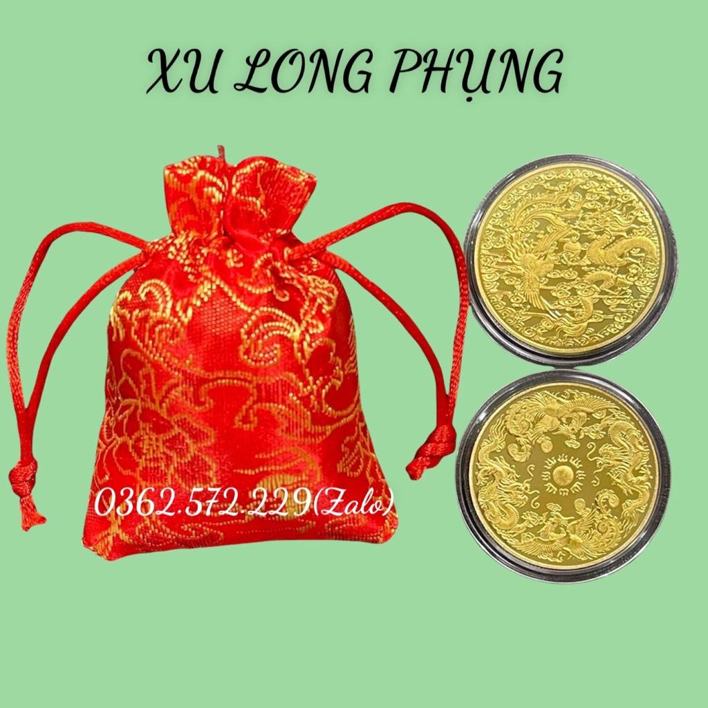 Đồng Xu Long Phụng Sum Vầy Phong Thuỷ Mạ Vàng Tặng ,Hộp ,Móc Khóa, Túi Gấm May Mắn