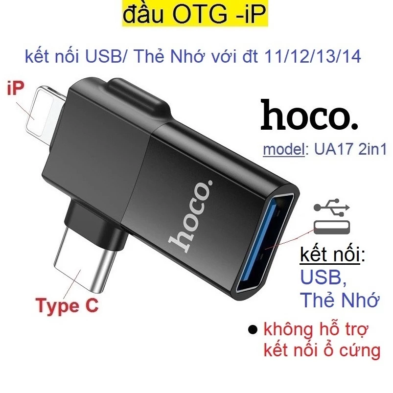 Đầu chuyển đổi OTG 2in1 iP / Type C to USB Hoco UA17 đọc dữ liệu usb cho  điện thoại _  Hàng chính hãng