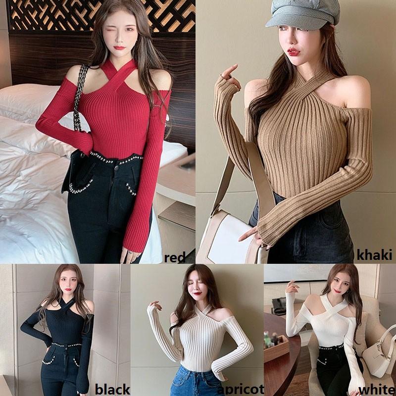 Áo sweater trễ vai phối dây choàng cổ đan chéo quyến rũ