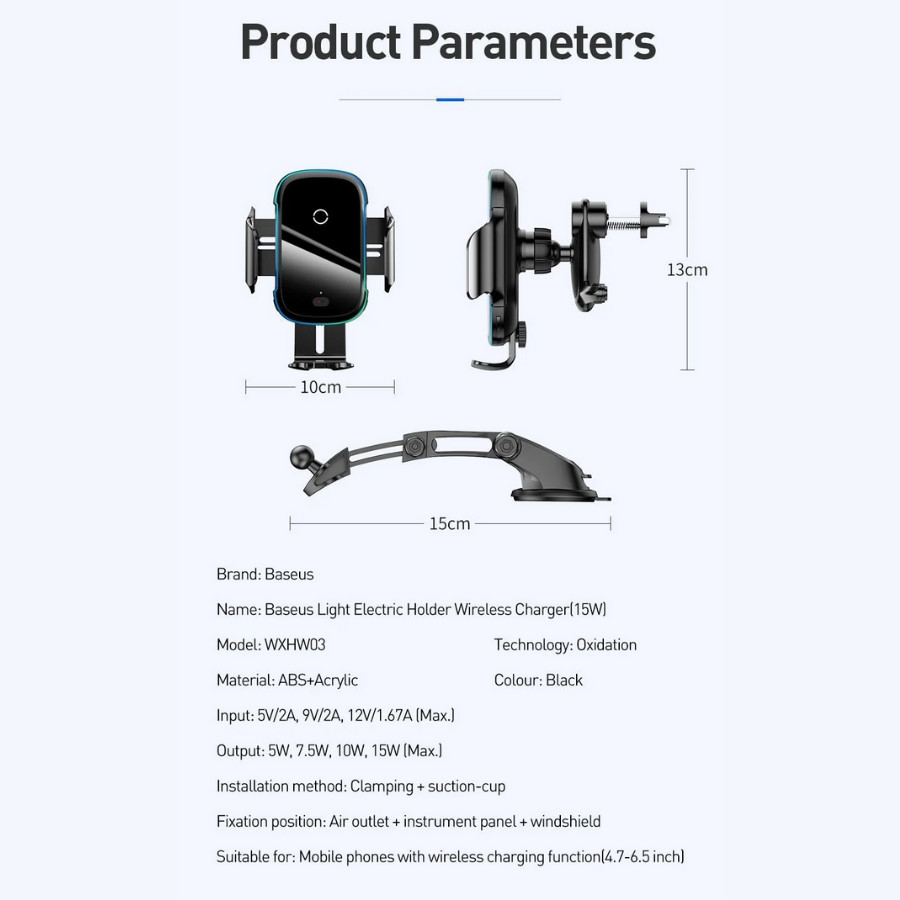 Bộ đế giữ điện thoại dùng trên xe hơi Baseus Light Electric Holder Wireless Charger 15W (tích hợp sạc nhanh không dây 15W và cảm biến tự động nhận diện thiết bị) LV637-BK [Hàng Chính Hãng]