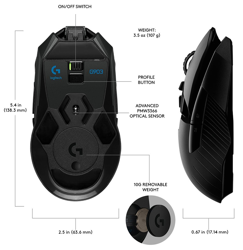 Chuột game không dây Lightspeed RGB Logitech G903 - Cảm biến Hero 25k, pin sạc 140h+, thiết kế thuận cả 2 tay, pin 180h, PC/Mac - Hàng chính hãng