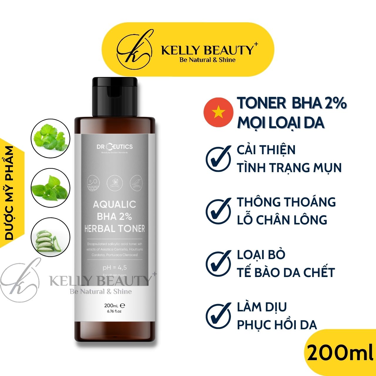 DrCeutics Aqualic BHA 2% Herbal Toner - Giảm Mụn, Ngừa Mụn Tái Phát; Da Sạch Mịn Màng | Kelly Beauty