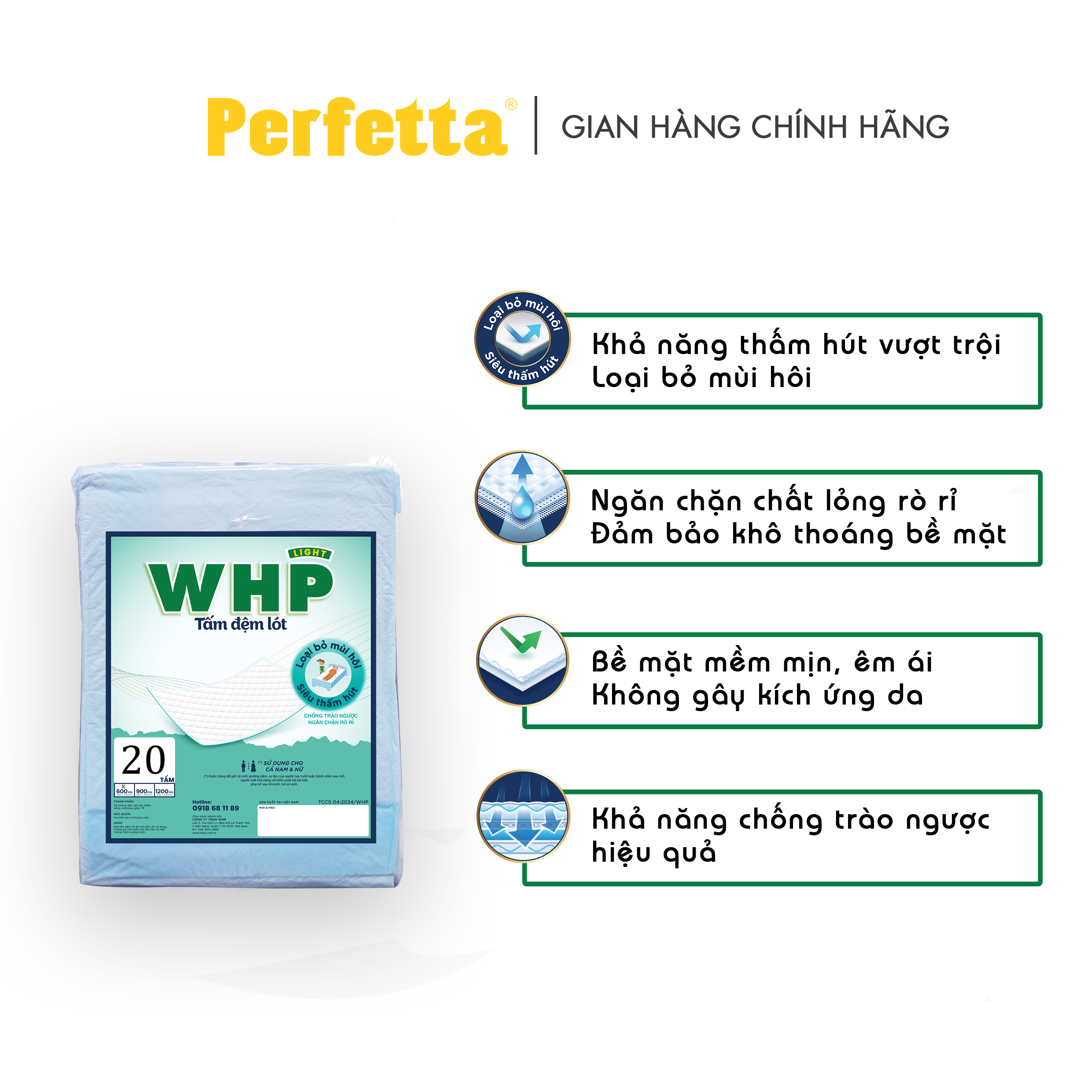 Tấm Đệm Lót WHP Underpad, Siêu Thấm Hút, Chống Trào Ngược, Khử Mùi Hiệu Quả Size 60x90 cm (20 miếng/túi)