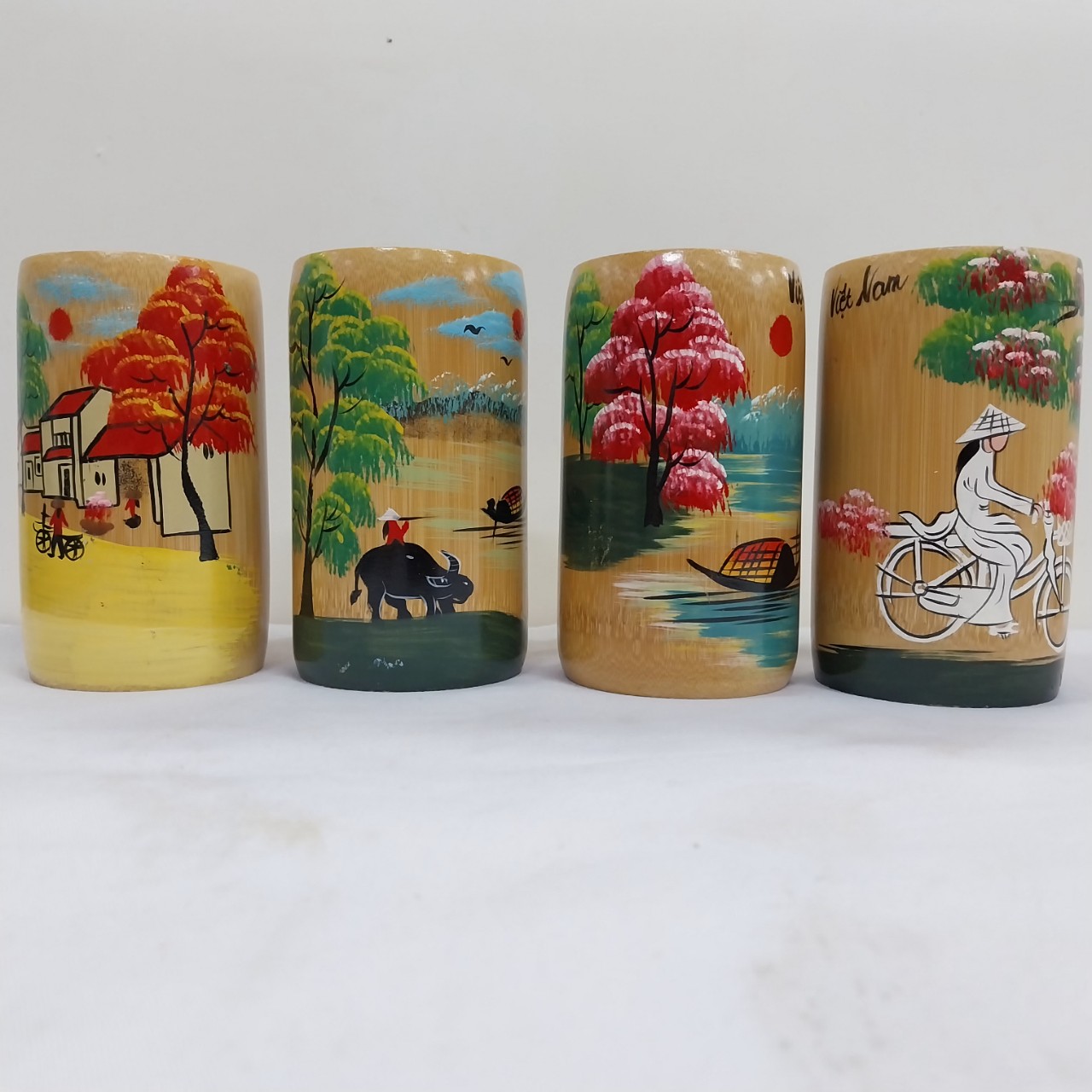 Cốc Tre, Ly Tre vẽ tay phong cảnh quê hương Việt Nam, cốc đựng bút, quà tặng, trang trí, trồng cây