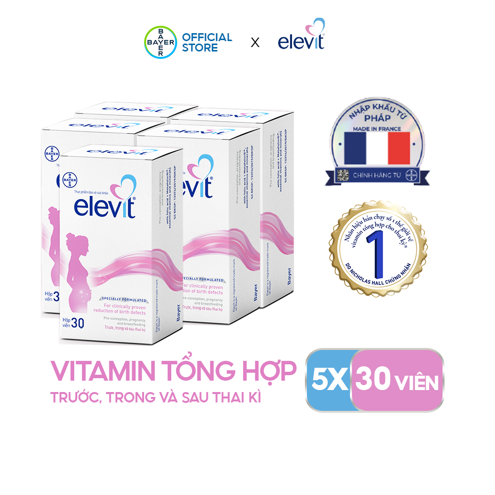 Combo 5 Vitamin Bầu Tổng Hợp ELEVIT Bổ Sung Vitamin và Khoáng Chất Cho Phụ Nữ Mang Thai và Sau Sinh Hộp 30 Viên x5