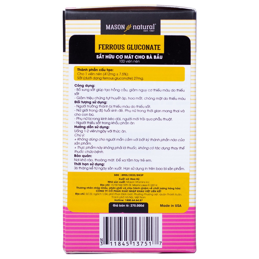 Viên Uống Bổ Máu, Tăng Tế Bào Hồng Cầu MASON NATURAL Ferrouse Gluconate 