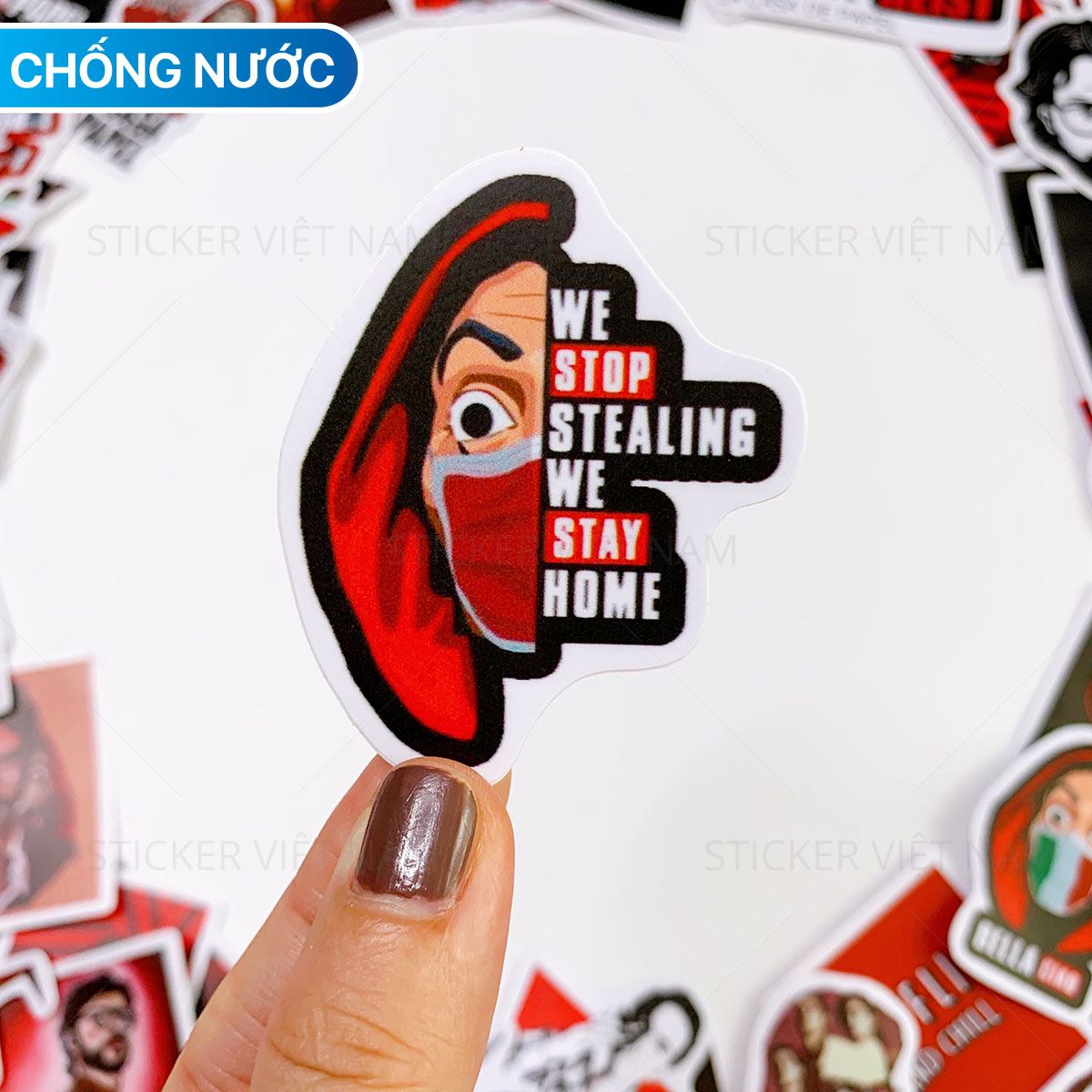 Sticker Money Heist - Phi Vụ Triệu Đô - Chất Liệu PVC Chất Lượng Cao Chống Nước - Kích Thước 4-8cm