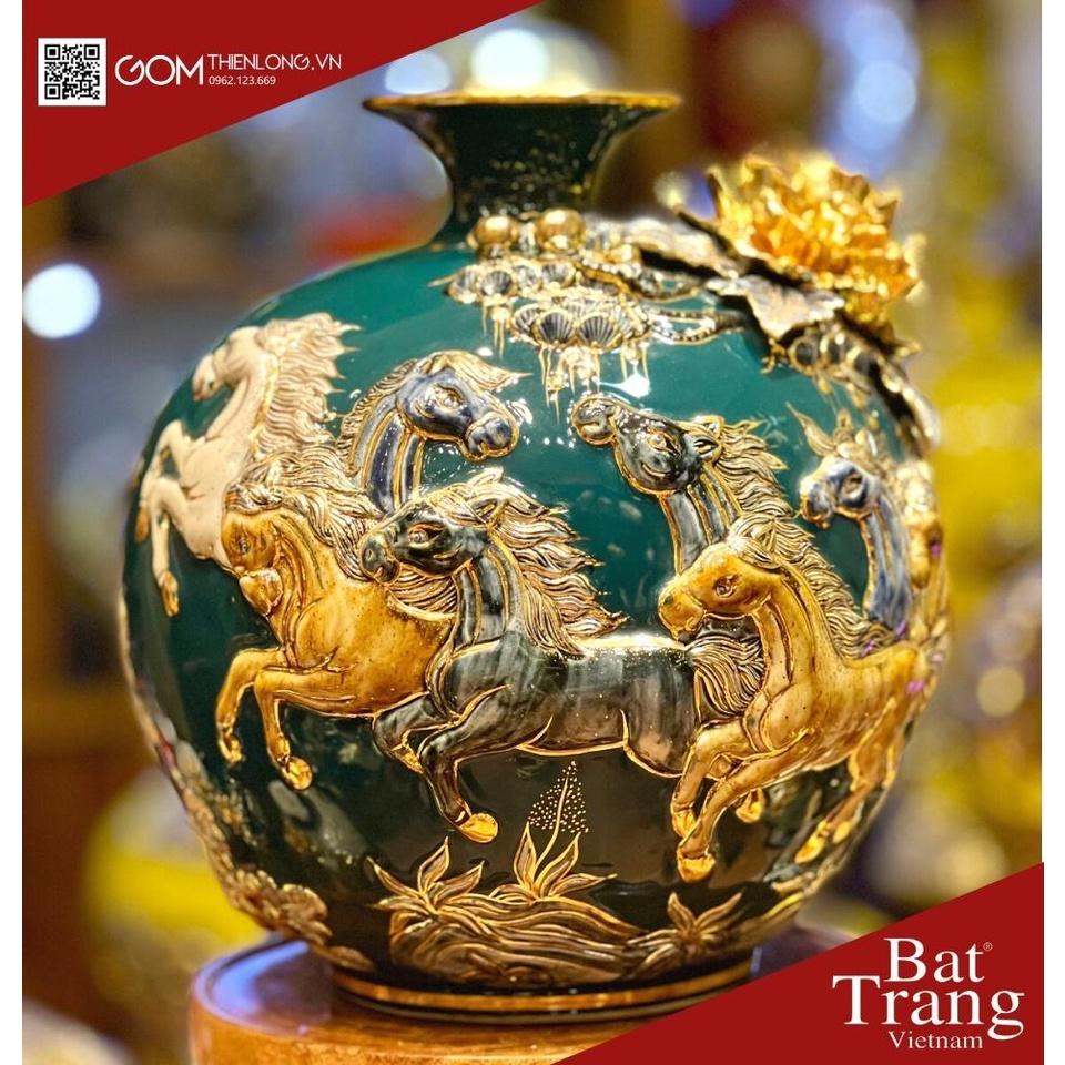Bình Hút Lộc Mã Đáo Thành Công Màu Xanh Lục - Vẽ Vàng Đắp Nổi Hàng Kỹ -Bình Tài Lộc Bát Tràng -Gốm Thiên Long