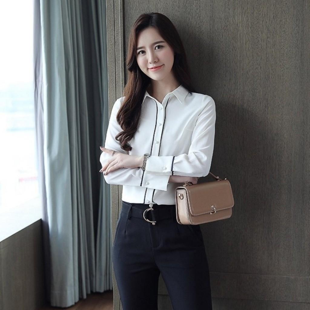 Áo Sơ Mi Nữ Dài Tay Phối Viền Đen Dọc Cúc Mã G988 Chất Kate Mềm Mịn,Thoáng Mát