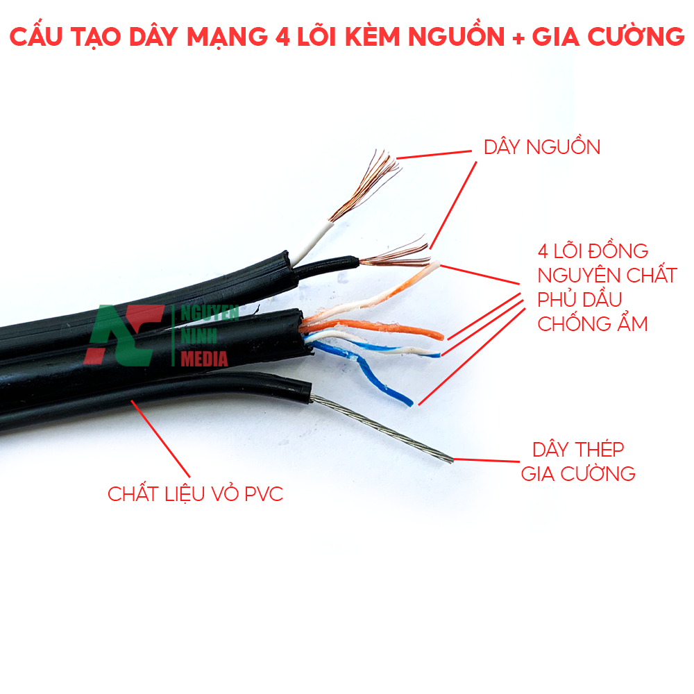 Dây Mạng 4 Lõi Đồng HIDEKI Kèm Nguồn + Gia Cường Và Phủ Dầu Chống Ẩm - Hàng Chính Hãng