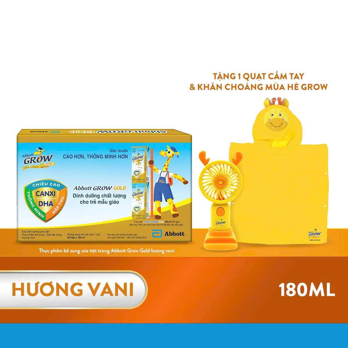 Thùng 48 hộp sữa nước Abbott Grow Gold Hương Vani 180ml tặng combo bao gồm: 01 Quạt cầm tay &amp; 01 Khăn choàng mùa hè Grow