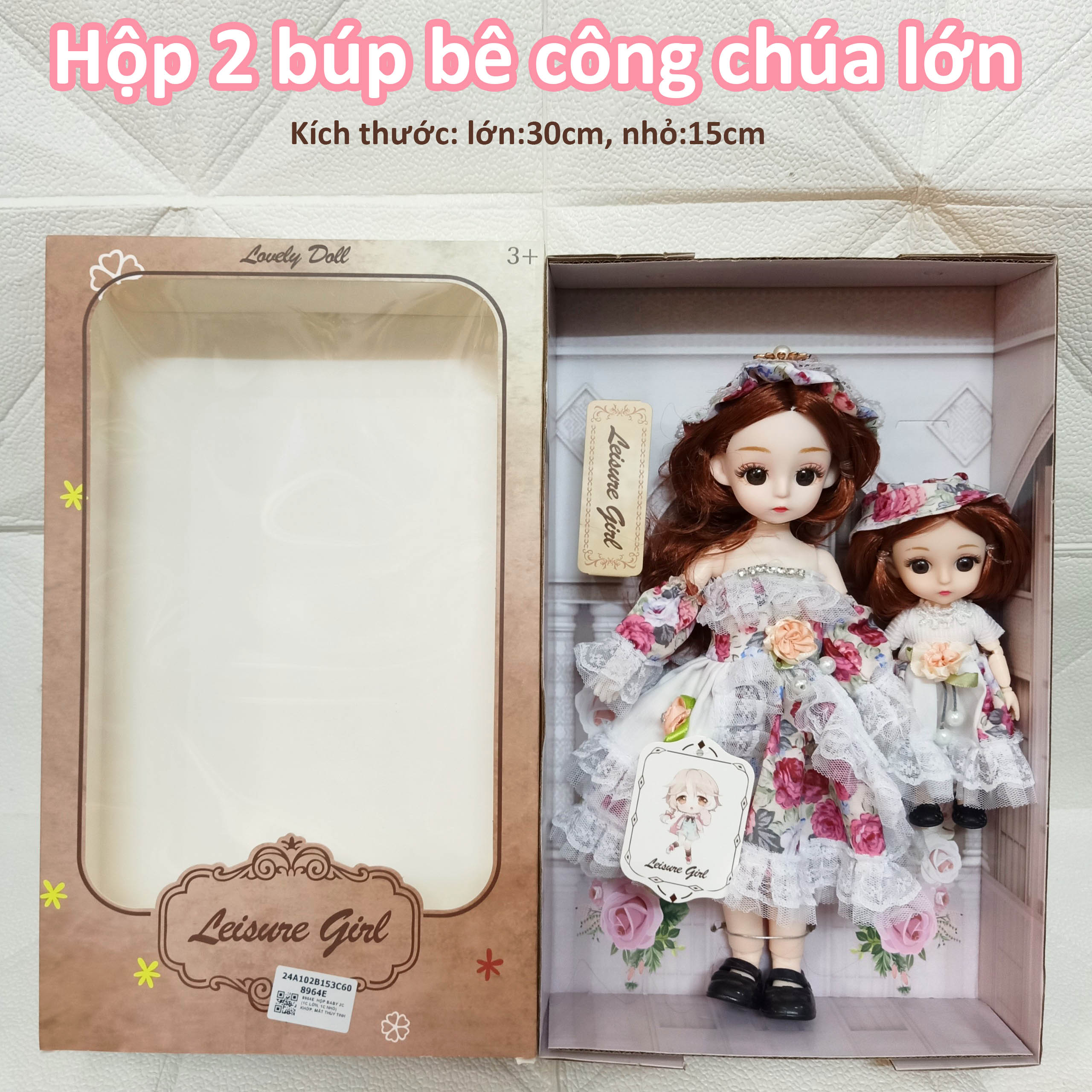 Hộp 2 búp bê chị em váy áo họa tiết đáng yêu mắt thủy tinh có các khớp tay chân linh hoạt