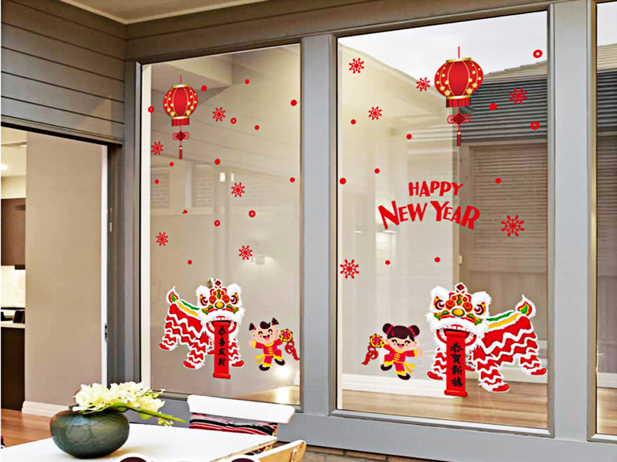 Decal trang trí tết-hai bé múa lân