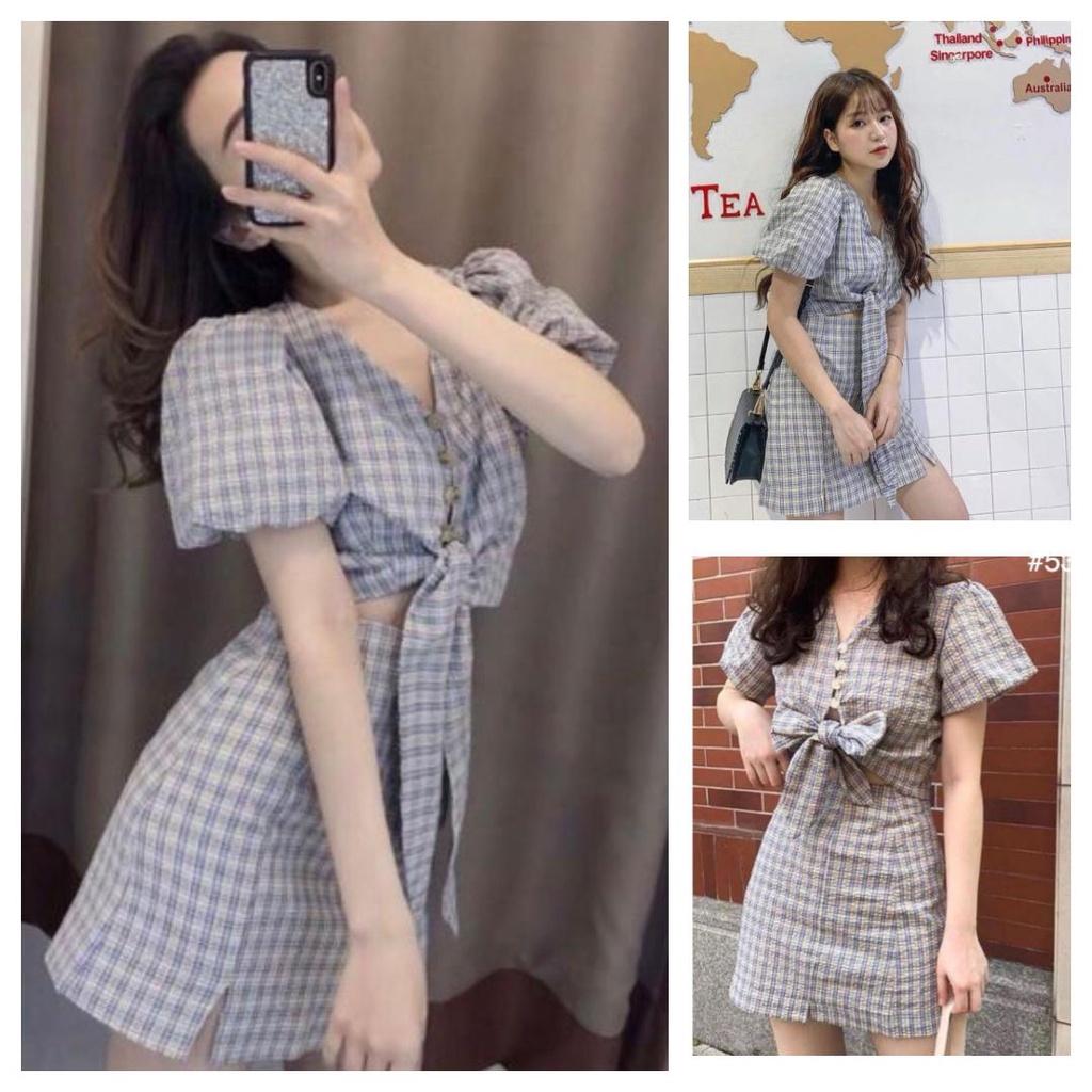 Set Bộ Đầm Caro Cột Nơ Siêu Xinh BY8373