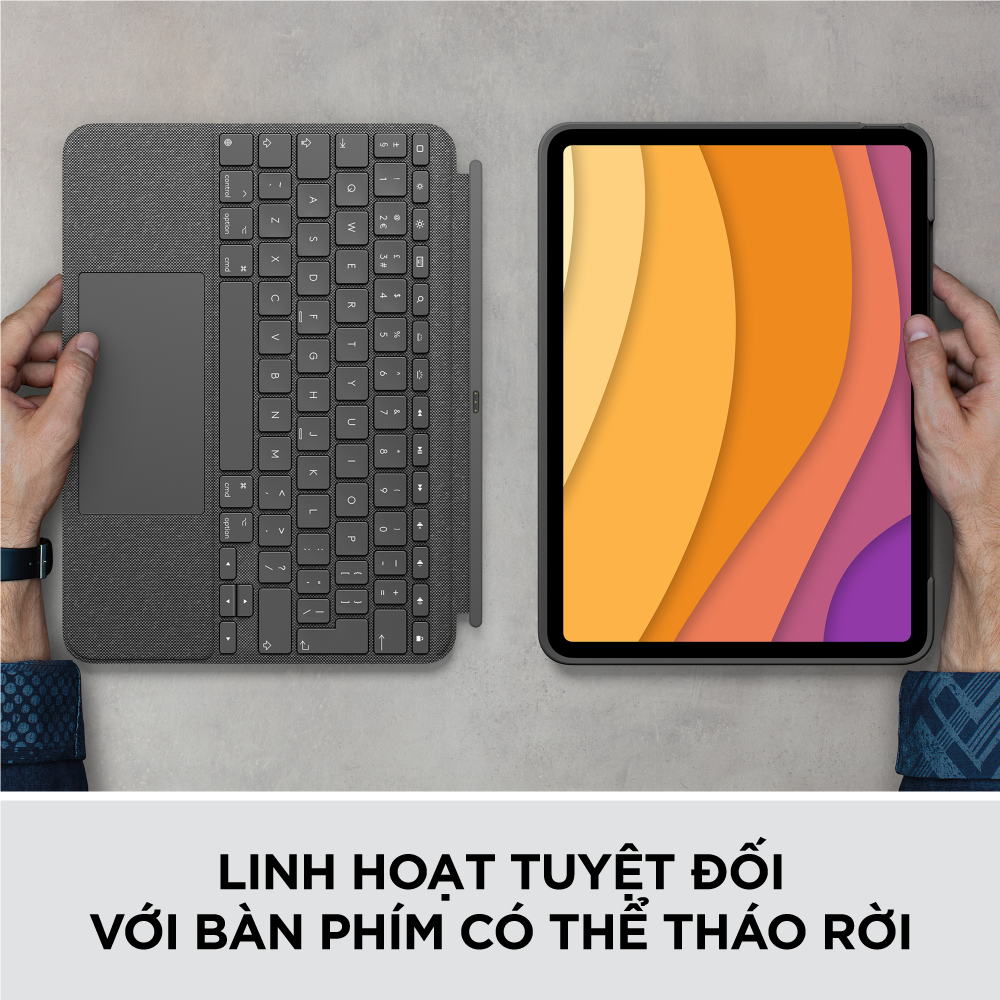 Bao da kèm bàn phím Logitech Combo Touch iPad Air gen 4, gen 5 - Backlit keys có thể tháo rời, Trackpad siêu nhạy - Hàng chính hãng