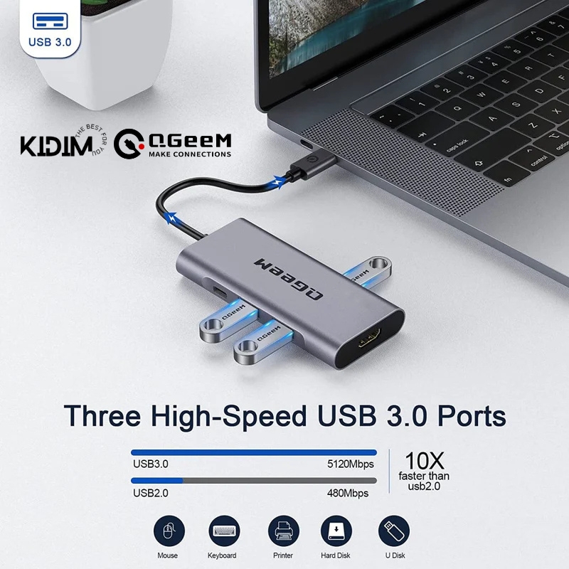 Hub Chuyển Đổi QGeeM Type C 7 trong 1 hỗ trợ chip M1 M2 Type C(Thunderbolt 3) sang HDMI 4K, 1 x USB-C sạc nhanh PD 100W, 3 x USB 3.0, 1 khe đọc thẻ SD&amp;TF - Hàng Chính Hãng