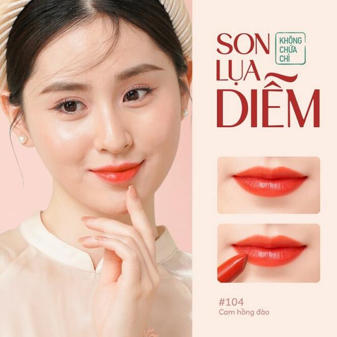 Son Lụa Không Chì Cỏ Mềm Son Thiên Nhiên An Toàn Có Phiếu Kiểm Nghiệm Không Chì Từ Viện Kiểm Nghiệm Thuốc Trung Ương Cỏ Mềm - 104 Cam Hồng Đào