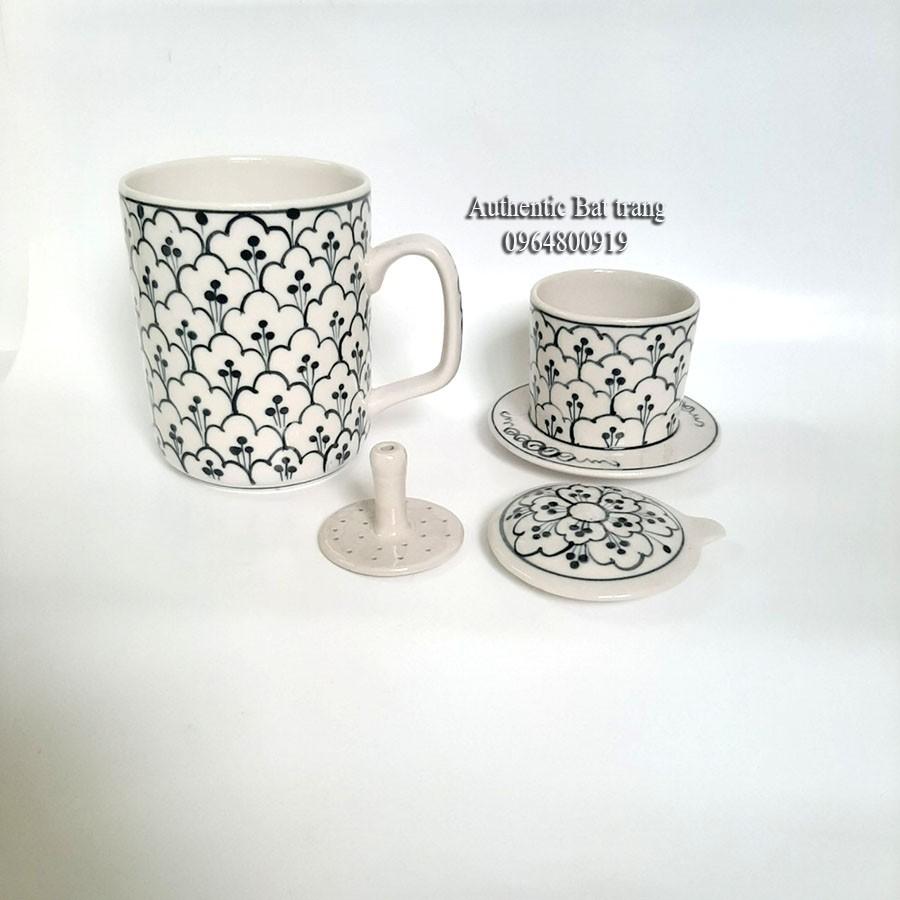 BỘ CỐC SỨ PHA CÀ PHÊ PHIN, PHA TRÀ 3TRONG1 siêu tiện lợi, VẼ TAY bởi Xưởng gốm sứ Authentic Bát tràng