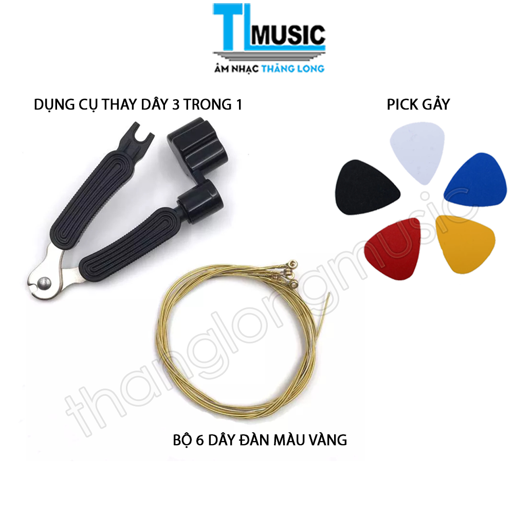 COMBO Phụ Kiện Đàn Guitar Acoustic Giá Rẻ - Dụng Cụ Thay Dây 3 Trong 1 + Bộ 6 Dây Đàn Guitar Acoustic + 5 Pick Gảy 0.51MM