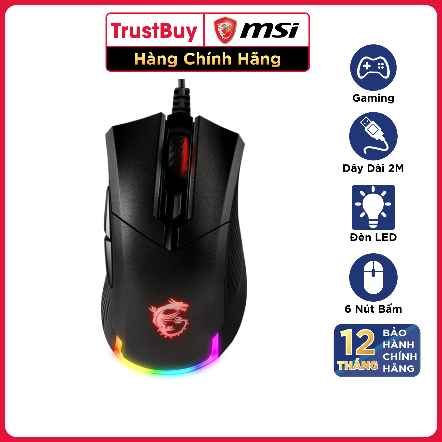 Chuột Gaming MSI GM50 Đèn LED RGB, 6 Nút, 6400 DPI Với 6 Mức DPI, Dây Cắm USB Dài 2M - Hàng Chính Hãng