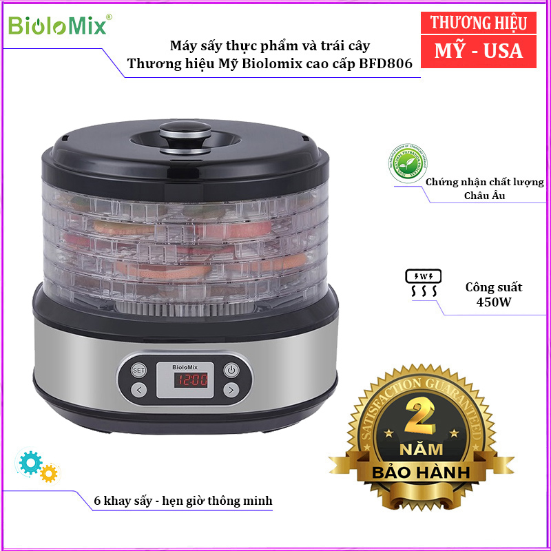 Máy sấy thực phẩm và trái cây Biolomix BFD806 BPA FREE, công suất 450W, 6 khay sấy riêng biệt- Hàng chính hãng