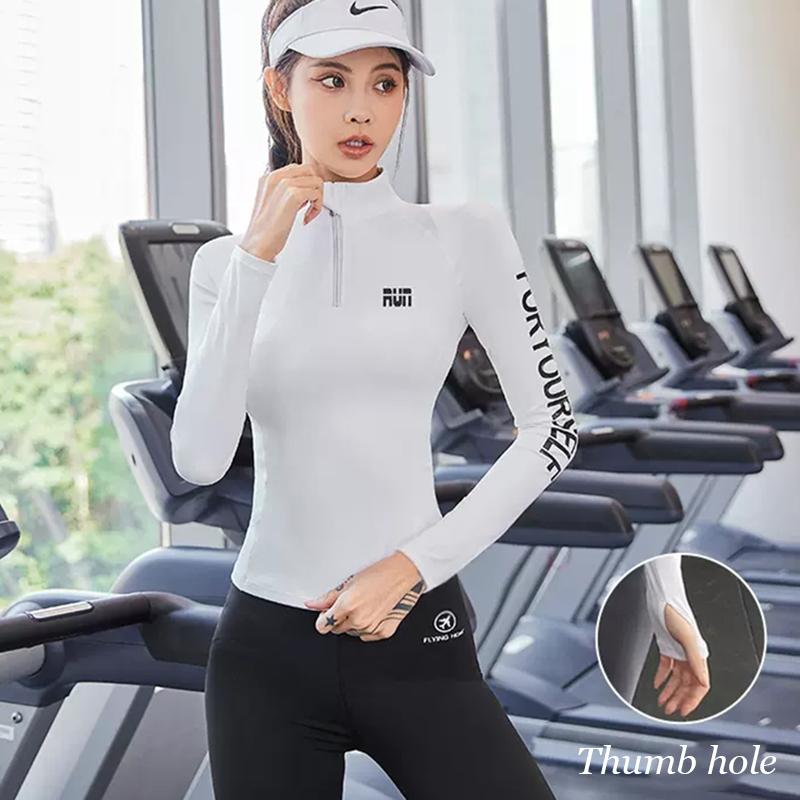 F.Dyraa Phụ nữ Thể thao Áo Yoga Áo sơ mi nữ cổ áo dài tay áo sơ mi có khóa kéo in áo khoác in áo tập thể dục crop top top Color: White Size: XXL
