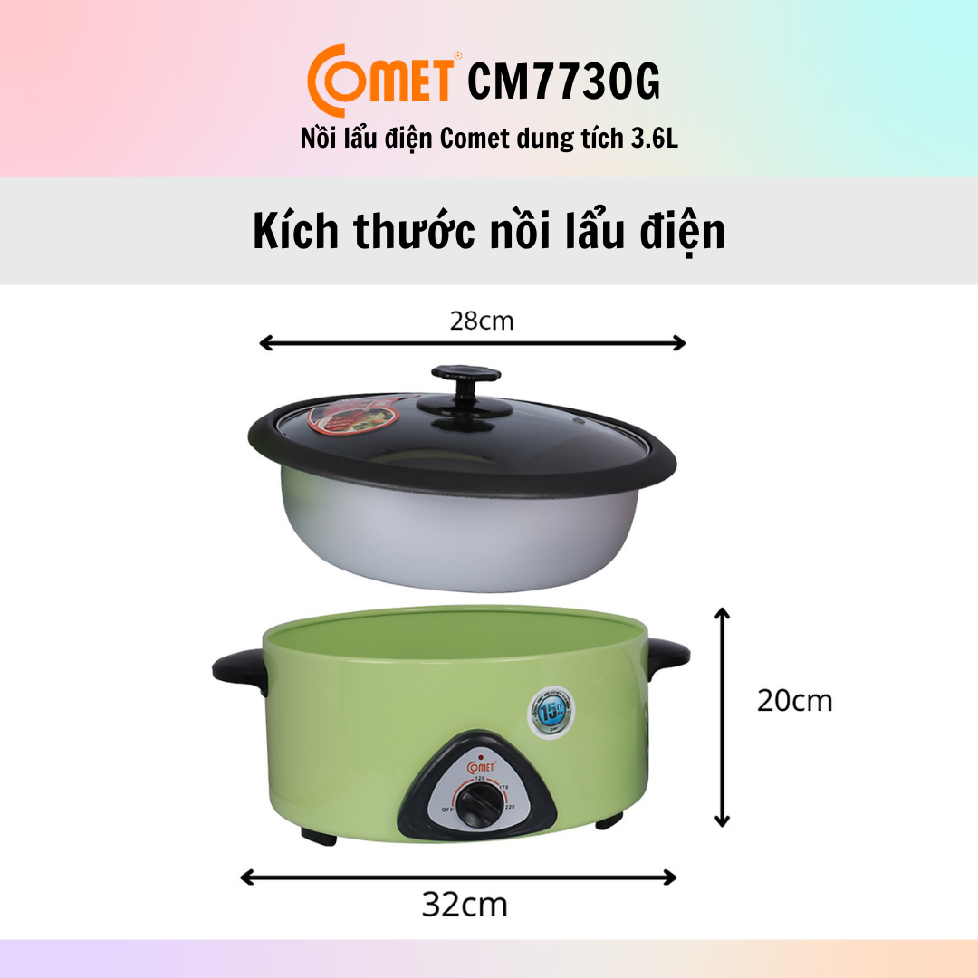 Nồi lẩu điện Comet CM7730 (Dung tích 3.6L) - Hàng Chính Hãng - Bảo Hành 12 Tháng