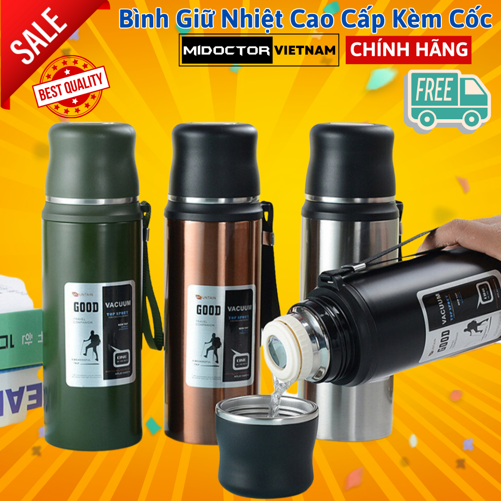 Bình Giữ Nhiệt 12 Tiếng Dáng Thể Thao Good 800 -1000ml Từ Inox 304 An Toàn Cao Cấp miDoctor – Có Nút Nhấn, Kèm Cốc