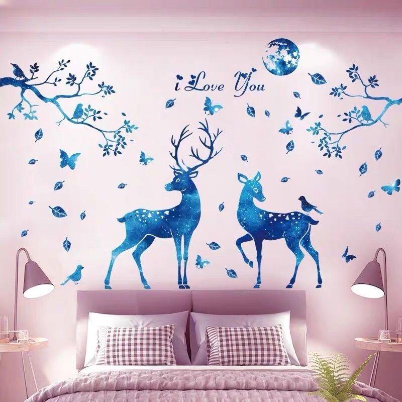 Decal dán tường, tranh dán tường sẵn keo đôi nai xanh