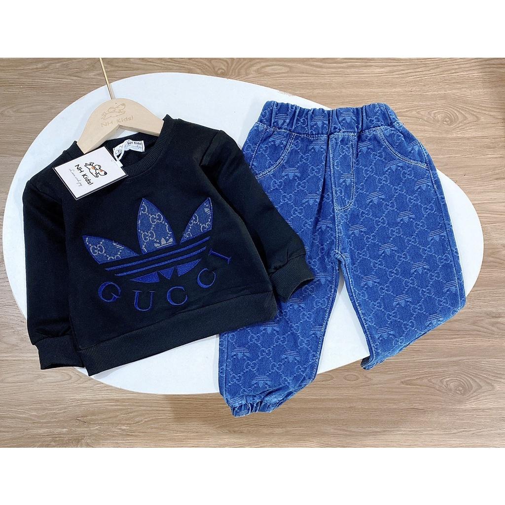 Set jean bé trai, Set Jean thu đông cho bé trai Áo da cá tàu quần bò dệt NB1001