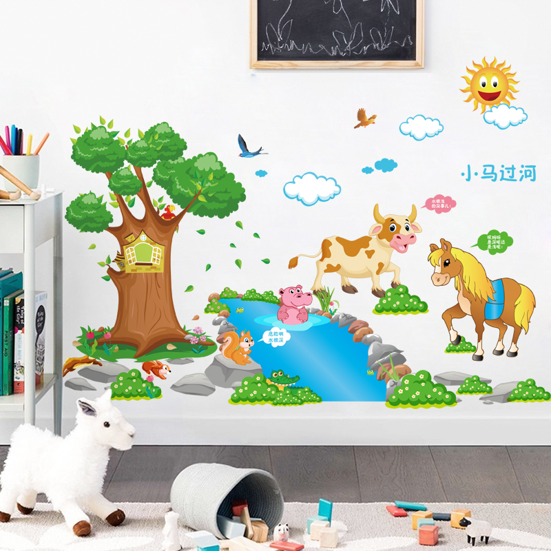 Decal dán tường thước đo hươu vàng và Cá heo 3D - HP400