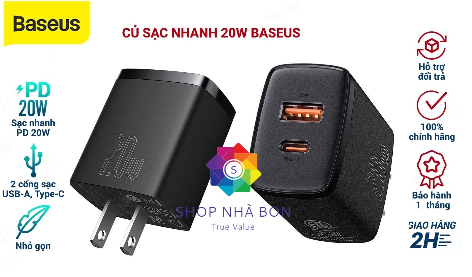 Cốc Sạc Siêu Nhỏ Gọn 20W Baseus Compact Quick Charger Usb Type C, Công Suất 20W - Hàng Chính Hãng - Màu Đen