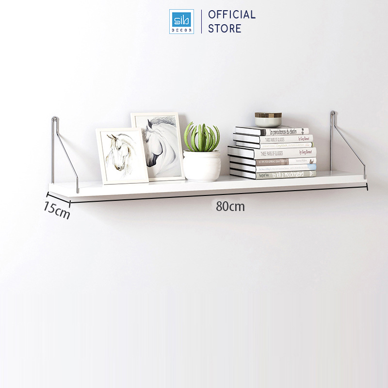 Kệ Gỗ Trang Trí Treo Tường Không Cần Khoan Với Móc Treo Inox Và Đầy Đủ Phụ Kiện Kt02 - Trắng - 80X15Cm