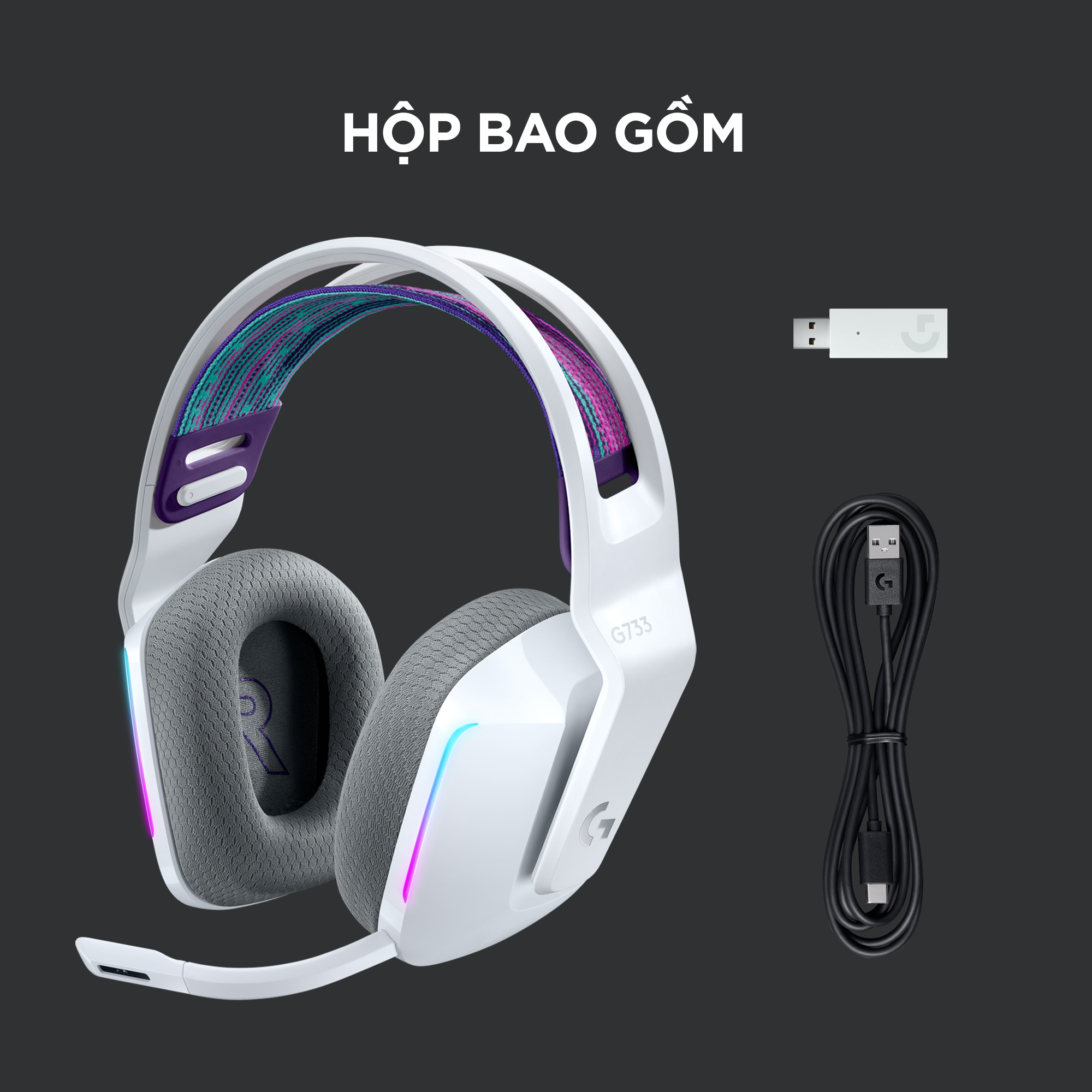 Tai nghe game không dây Lightspeed Logitech G733 - Headband tùy chỉnh, RGB Lightsync, màn loa Pro-G, Mic Blue Voice - Hàng chính hãng - Màu Trắng